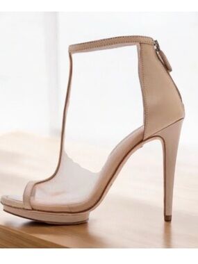 Like New BCBG Max Azria Nude Vero Cuoio T-Strap Mesh Bootie High Heel Sandals